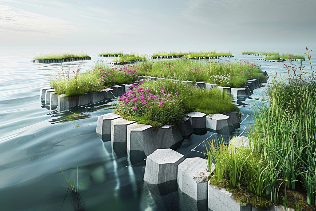A breathtaking photorealistic aerial view of a futuristic coastal city with lush green hexagonal floating modular islands in the foreground. The water is a deep sparkling blue, and the islands are covered in thick marsh grass and wooden walkways. Modern sustainable skyscrapers with vertical forests line the background under a warm, golden hour sun. High-end architectural photography style with deep lake blues and fresh marsh greens.